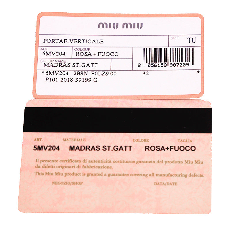 NEW $490 MIU MIU Pink Pebble Leather Madras BLACK CAT LOGO Graphic Bifold WALLET