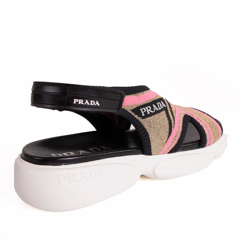38 NEW $679 PRADA Women's Gold Pink LUREX KNIT Sporty Logo CLOUDBURST SANDALS