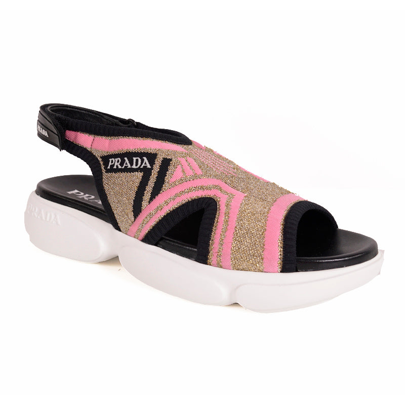 38 NEW $679 PRADA Women's Gold Pink LUREX KNIT Sporty Logo CLOUDBURST SANDALS