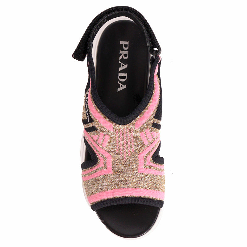 38 NEW $679 PRADA Women's Gold Pink LUREX KNIT Sporty Logo CLOUDBURST SANDALS