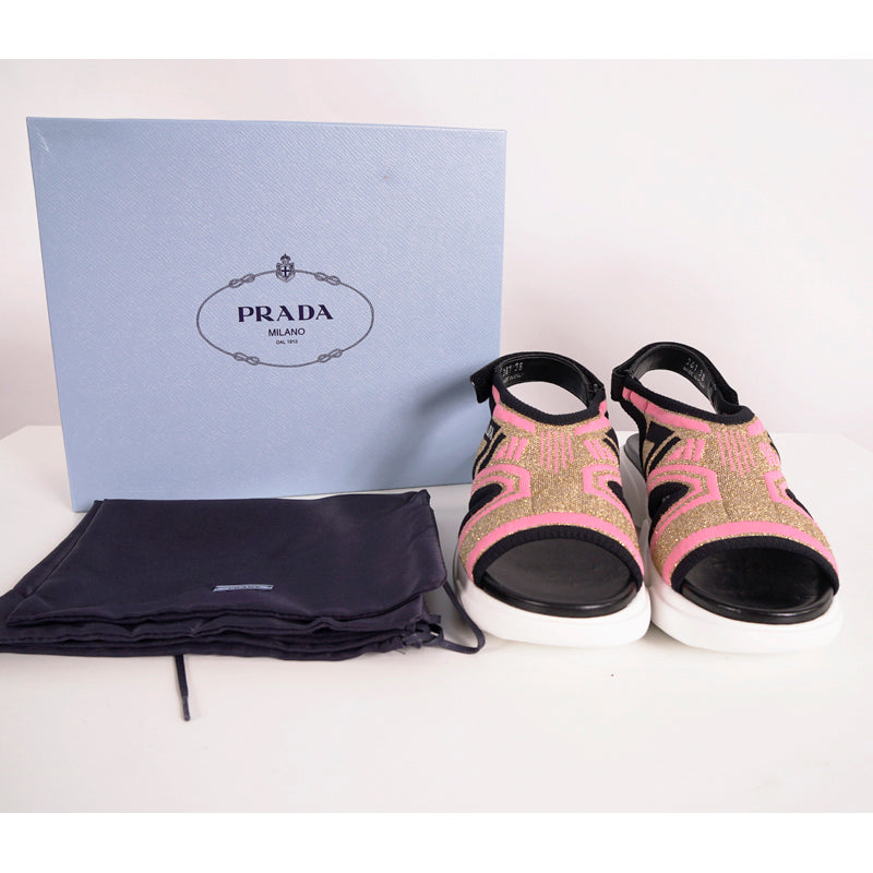 38 NEW $679 PRADA Women's Gold Pink LUREX KNIT Sporty Logo CLOUDBURST SANDALS
