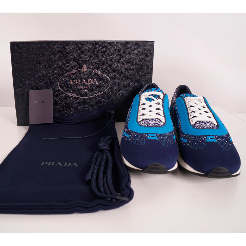 US 8 10 11 11.5 NEW $825 PRADA Blue Mln 70 KNIT LOGO TRAINERS SNEAKERS