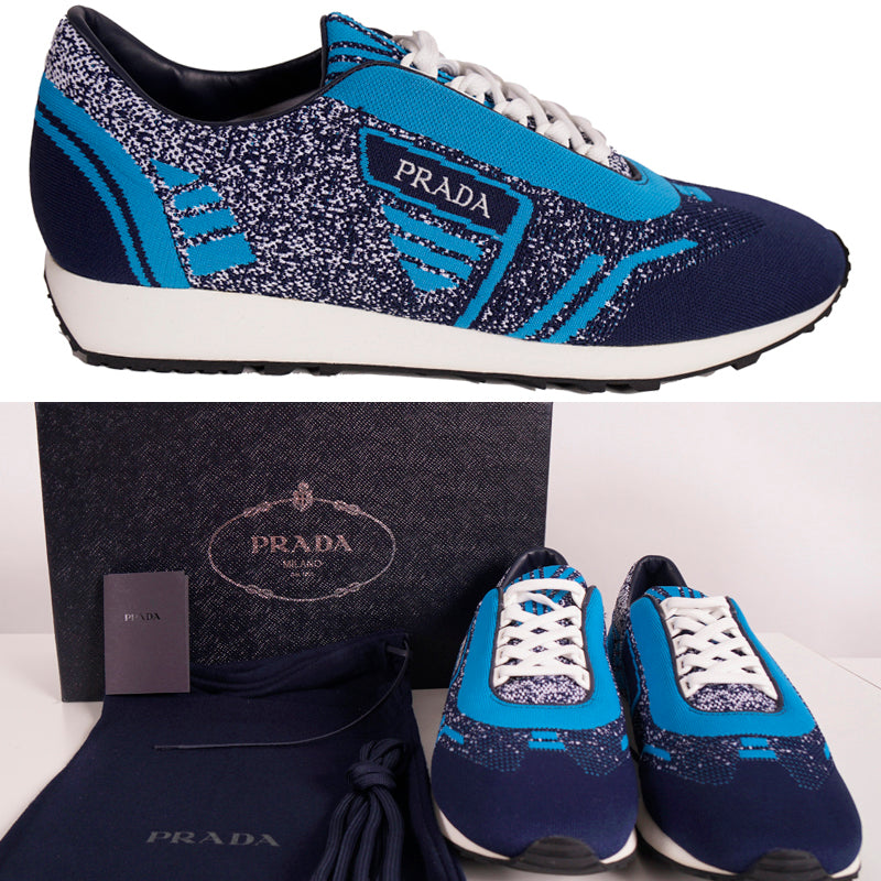 US 8 10 11 11.5 NEW $825 PRADA Blue Mln 70 KNIT LOGO TRAINERS SNEAKERS