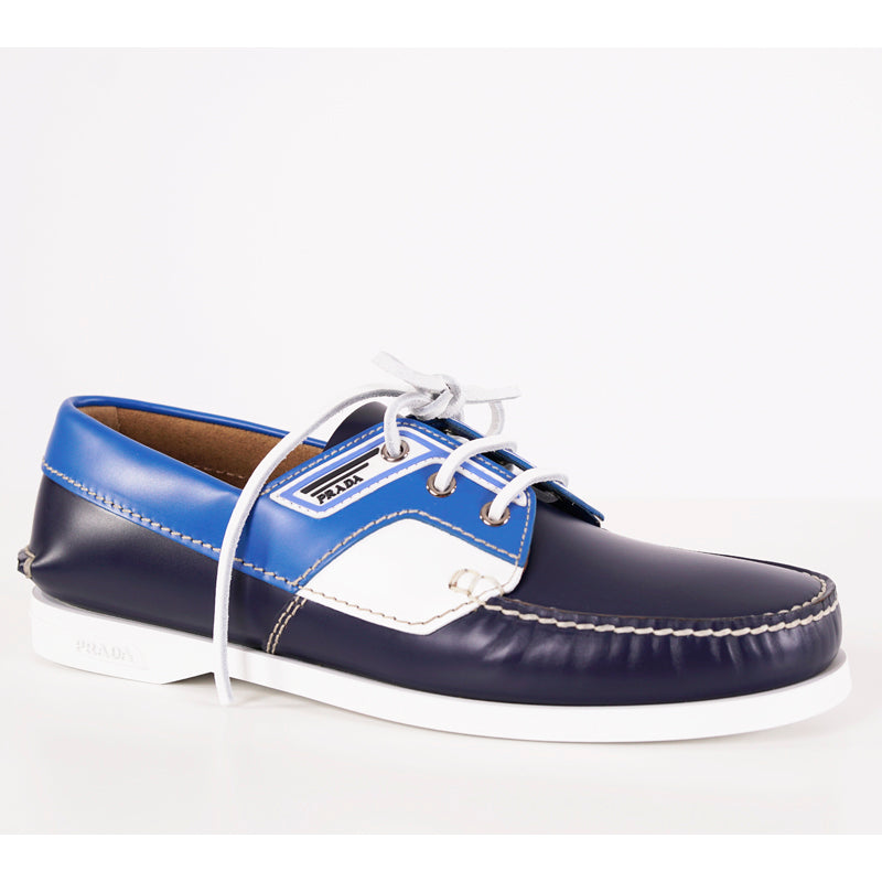 US 11.5 NEW $890 PRADA Blue Leather COLOR BLOCK Sporty BOAT DECK SHOES NIB