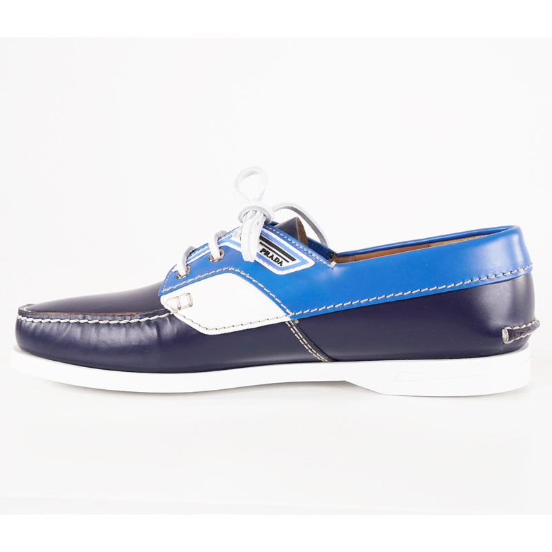 US 11.5 NEW $890 PRADA Blue Leather COLOR BLOCK Sporty BOAT DECK SHOES NIB