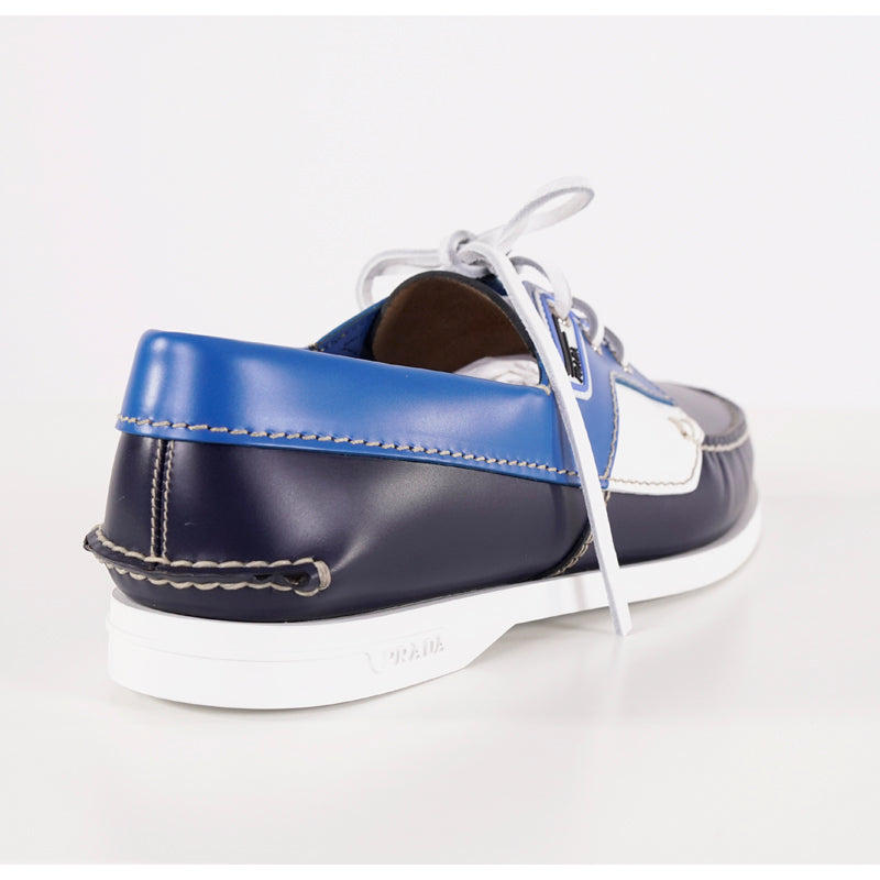 US 11.5 NEW $890 PRADA Blue Leather COLOR BLOCK Sporty BOAT DECK SHOES NIB
