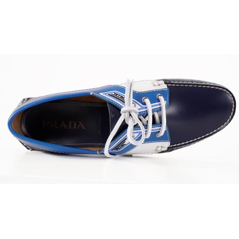US 11.5 NEW $890 PRADA Blue Leather COLOR BLOCK Sporty BOAT DECK SHOES NIB