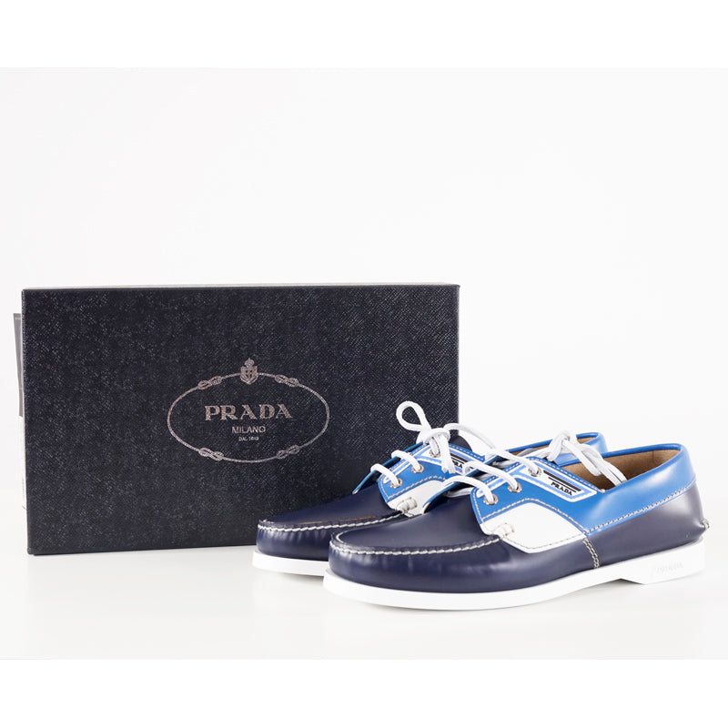 US 11.5 NEW $890 PRADA Blue Leather COLOR BLOCK Sporty BOAT DECK SHOES NIB