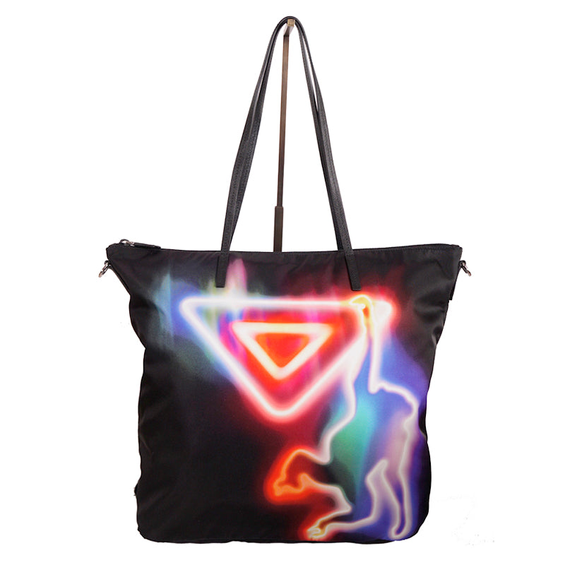 NEW $1795 PRADA Black NEON MONKEY LOGO Nylon CROSSBODY STRAP SHOPPER TOTE BAG