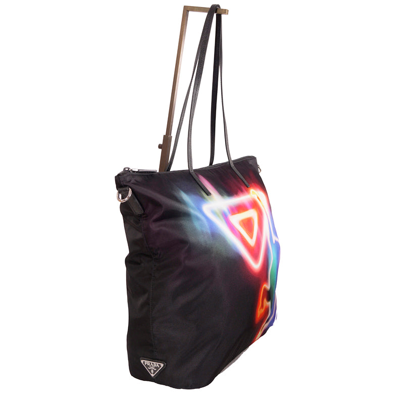 NEW $1795 PRADA Black NEON MONKEY LOGO Nylon CROSSBODY STRAP SHOPPER TOTE BAG