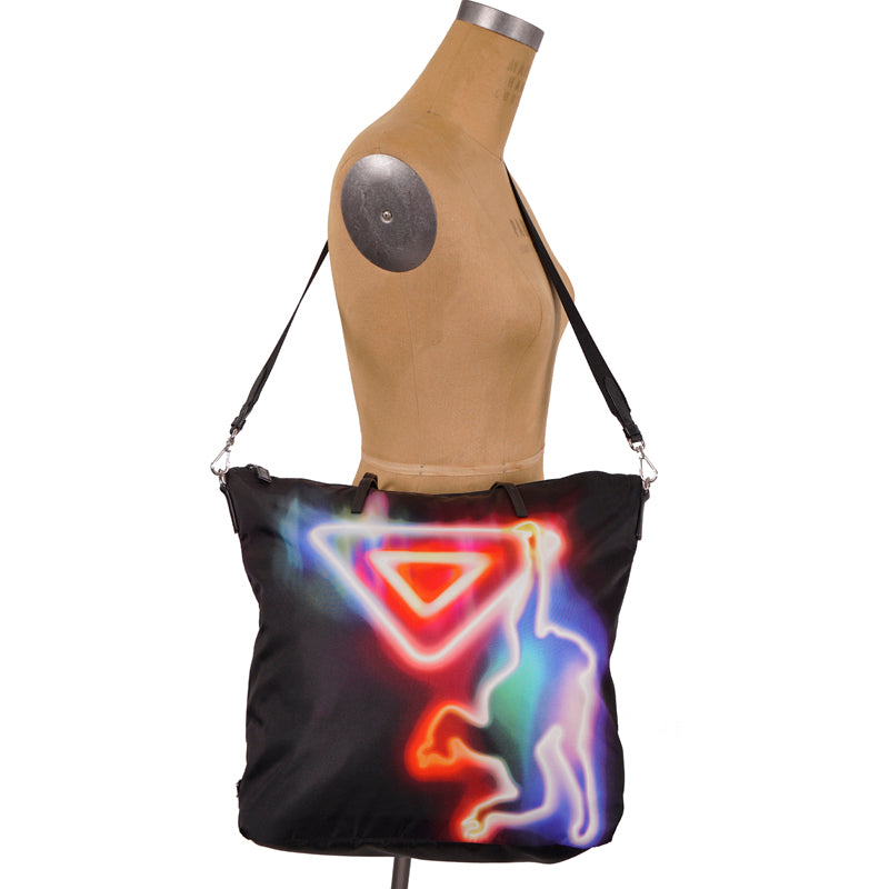 NEW $1795 PRADA Black NEON MONKEY LOGO Nylon CROSSBODY STRAP SHOPPER TOTE BAG