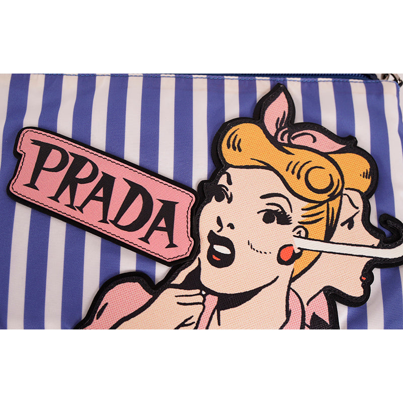NEW $1,200 PRADA Blue White Striped Nylon COMIC LOGO Saffiano Patch Shoulder BAG