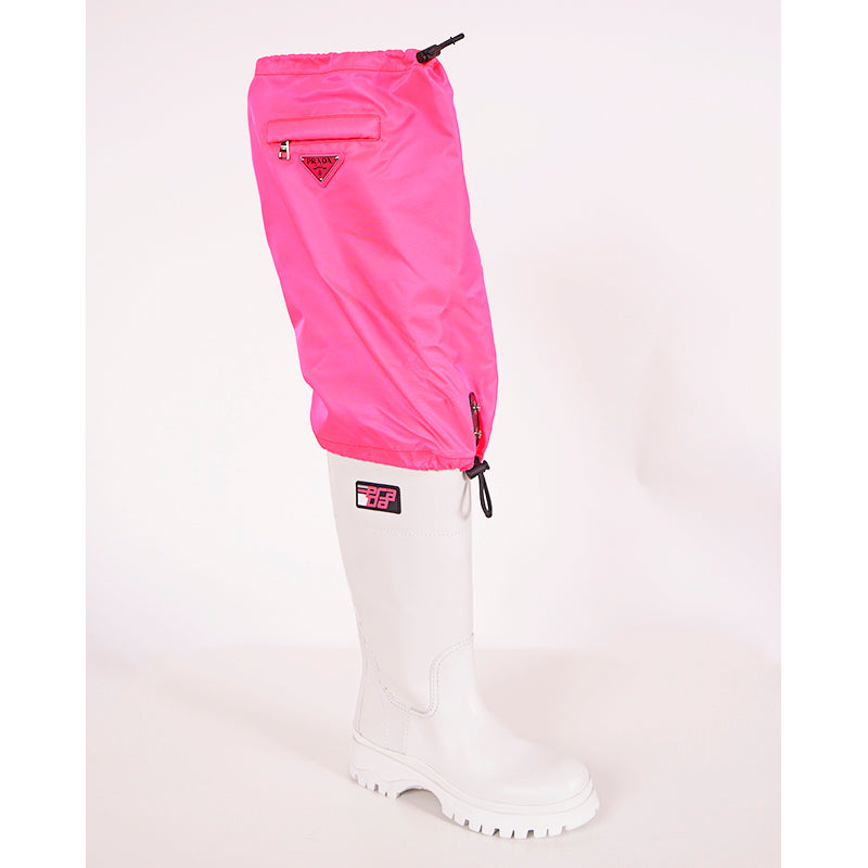 37 & 37.5 NEW $1280 PRADA White Leather Pull On BOOTS W Removable Pink Nylon Logo GAITER