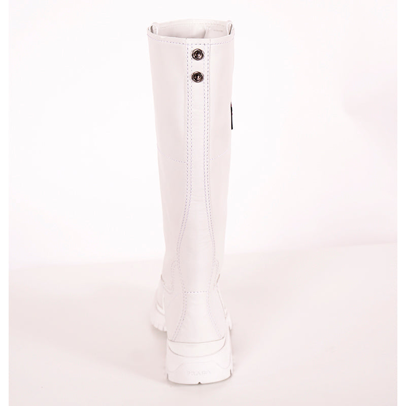 37 & 37.5 NEW $1280 PRADA White Leather Pull On BOOTS W Removable Pink Nylon Logo GAITER