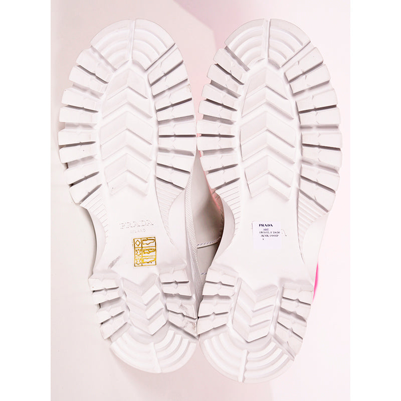 37 & 37.5 NEW $1280 PRADA White Leather Pull On BOOTS W Removable Pink Nylon Logo GAITER
