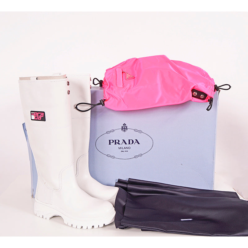 37 & 37.5 NEW $1280 PRADA White Leather Pull On BOOTS W Removable Pink Nylon Logo GAITER