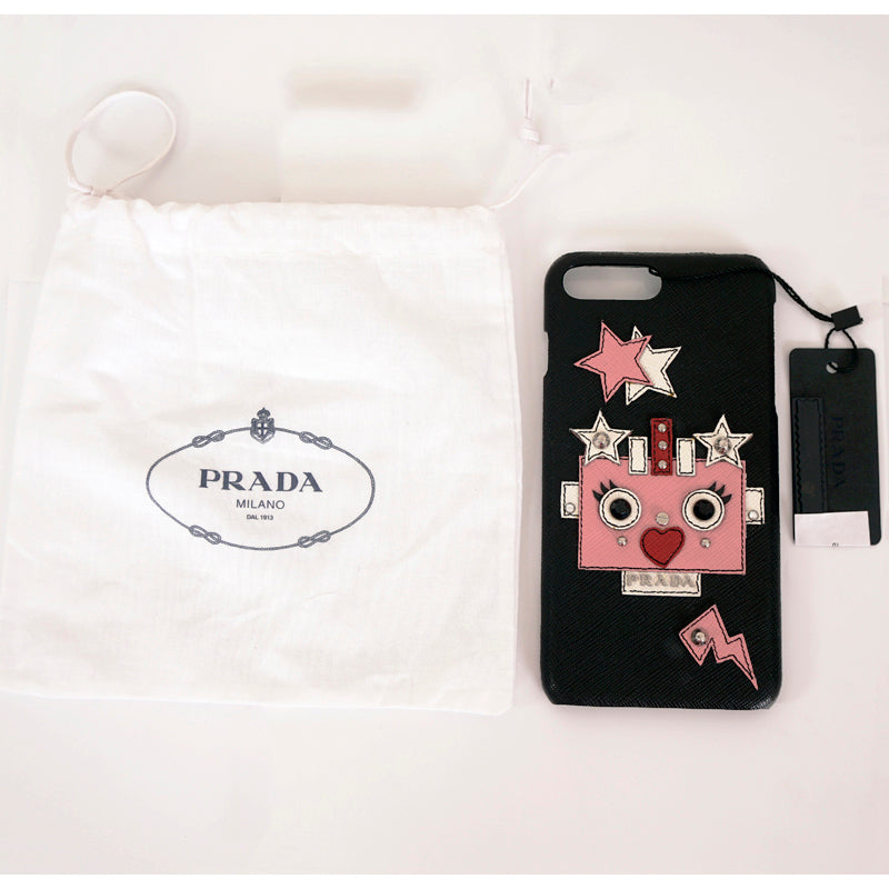 NEW $290 PRADA Black SAFFIANO LEATHER iPhone 6+ PINK ROBOT Stars PHONE CASE NWT