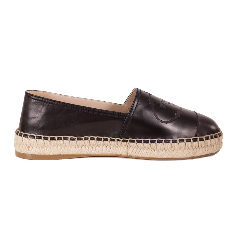 37 NEW $950 PRADA Black Leather EMBOSSED LOGO CREST Summer FLATS ESPADRILLE NIB