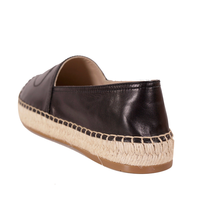 37 NEW $950 PRADA Black Leather EMBOSSED LOGO CREST Summer FLATS ESPADRILLE NIB