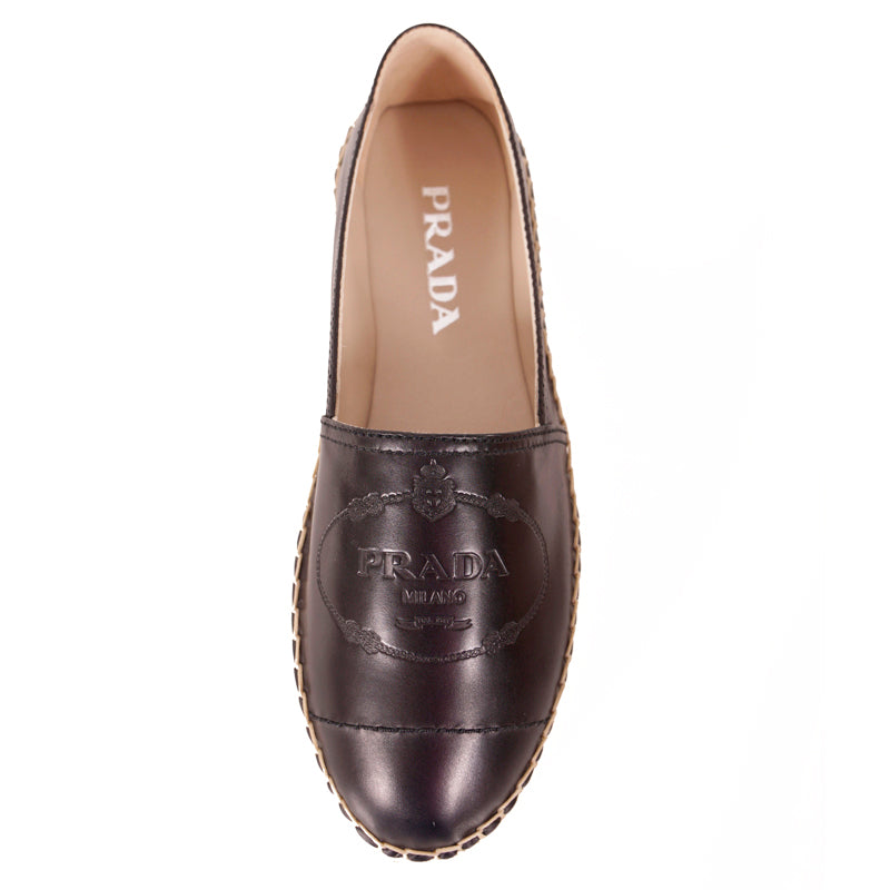 37 NEW $950 PRADA Black Leather EMBOSSED LOGO CREST Summer FLATS ESPADRILLE NIB