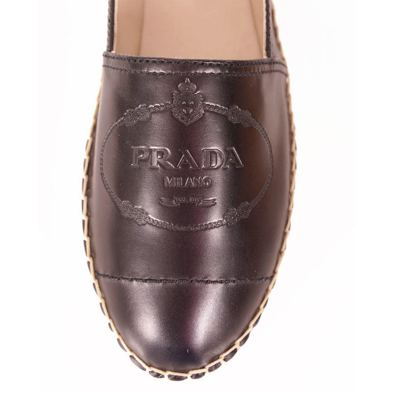 37 NEW $950 PRADA Black Leather EMBOSSED LOGO CREST Summer FLATS ESPADRILLE NIB