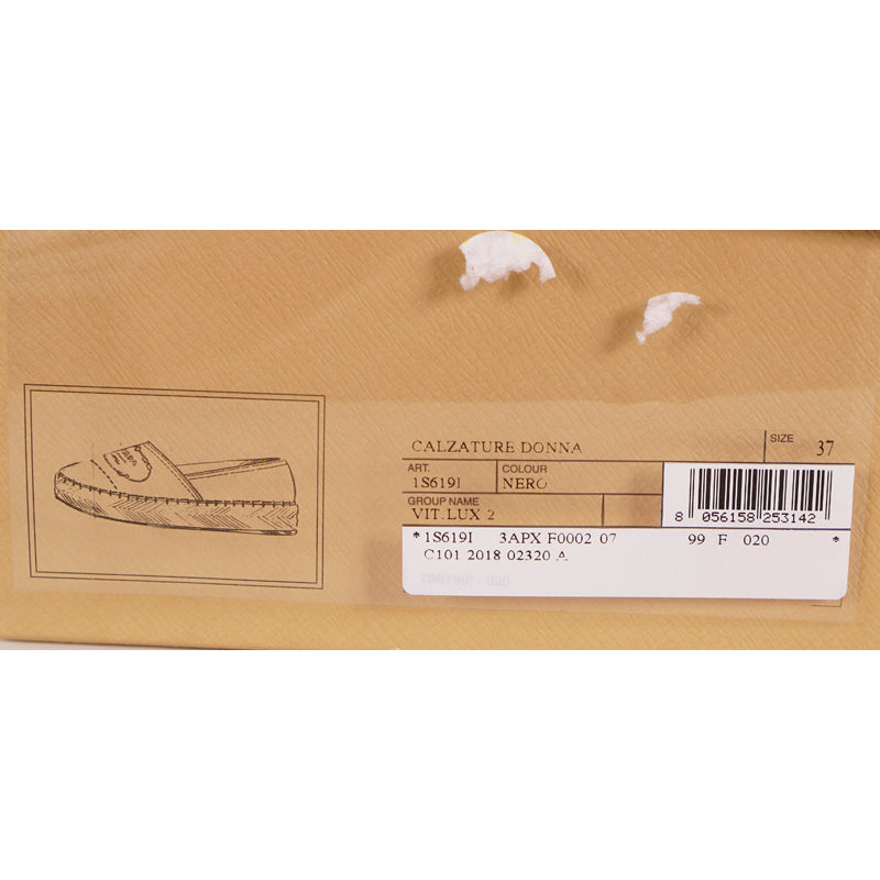 37 NEW $950 PRADA Black Leather EMBOSSED LOGO CREST Summer FLATS ESPADRILLE NIB