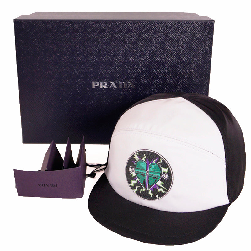 XL NEW $570 PRADA FRANKENSTEIN SAFFIANO LEATHER PATCH Black Nylon BASEBALL CAP HAT