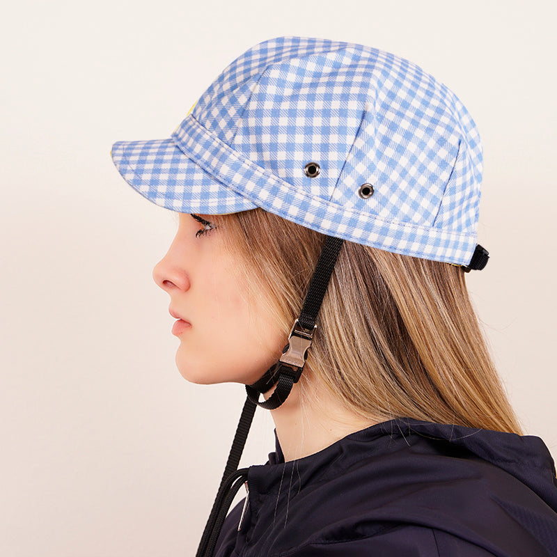 XS NEW $590 PRADA Woman's RUNWAY Print Blue Gingham Cotton Chin Strap Cap HAT