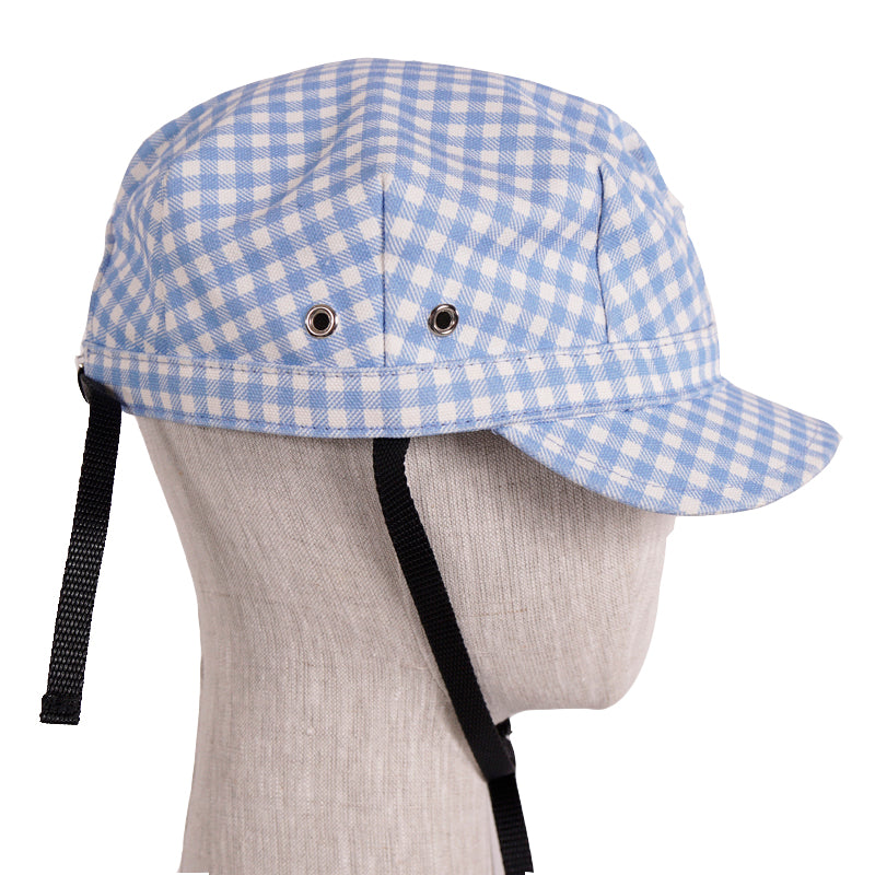XS NEW $590 PRADA Woman's RUNWAY Print Blue Gingham Cotton Chin Strap Cap HAT
