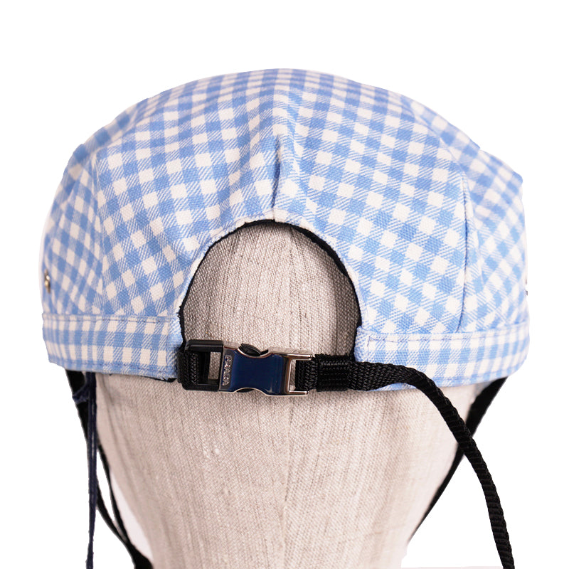 XS NEW $590 PRADA Woman's RUNWAY Print Blue Gingham Cotton Chin Strap Cap HAT