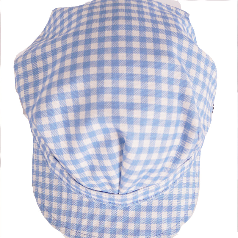 XS NEW $590 PRADA Woman's RUNWAY Print Blue Gingham Cotton Chin Strap Cap HAT