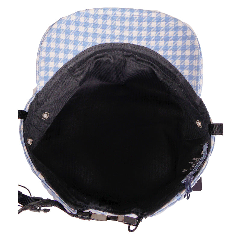 XS NEW $590 PRADA Woman's RUNWAY Print Blue Gingham Cotton Chin Strap Cap HAT
