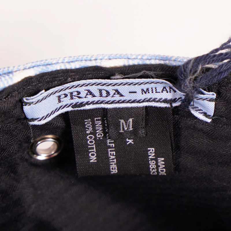 XS NEW $590 PRADA Woman's RUNWAY Print Blue Gingham Cotton Chin Strap Cap HAT