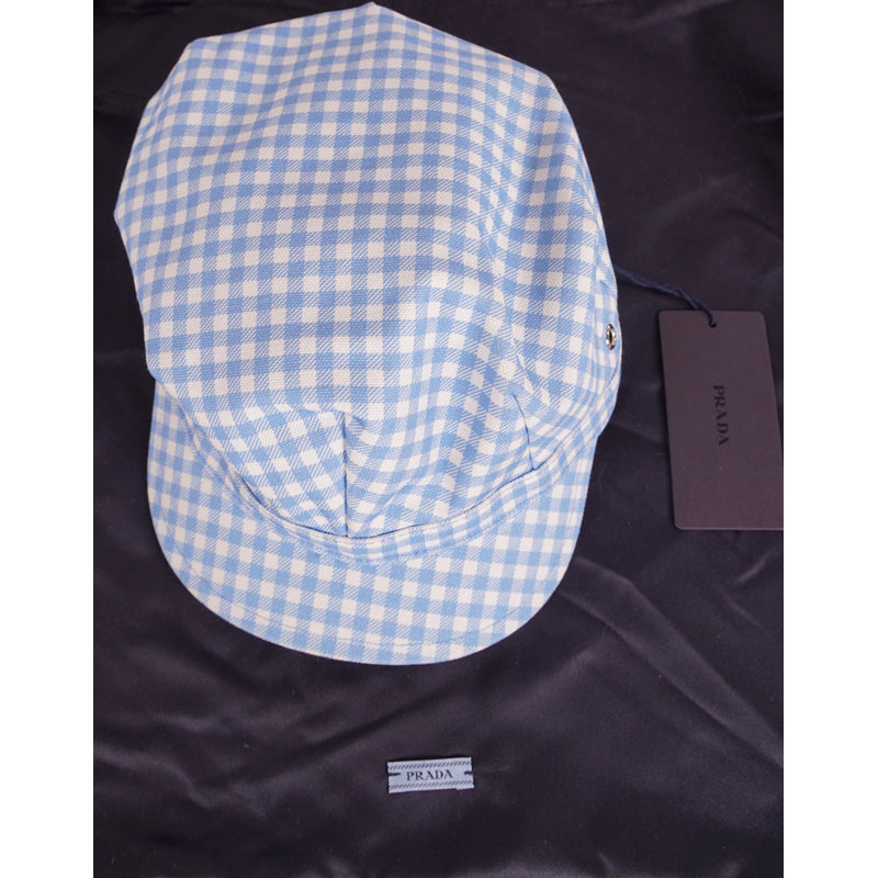XS NEW $590 PRADA Woman's RUNWAY Print Blue Gingham Cotton Chin Strap Cap HAT
