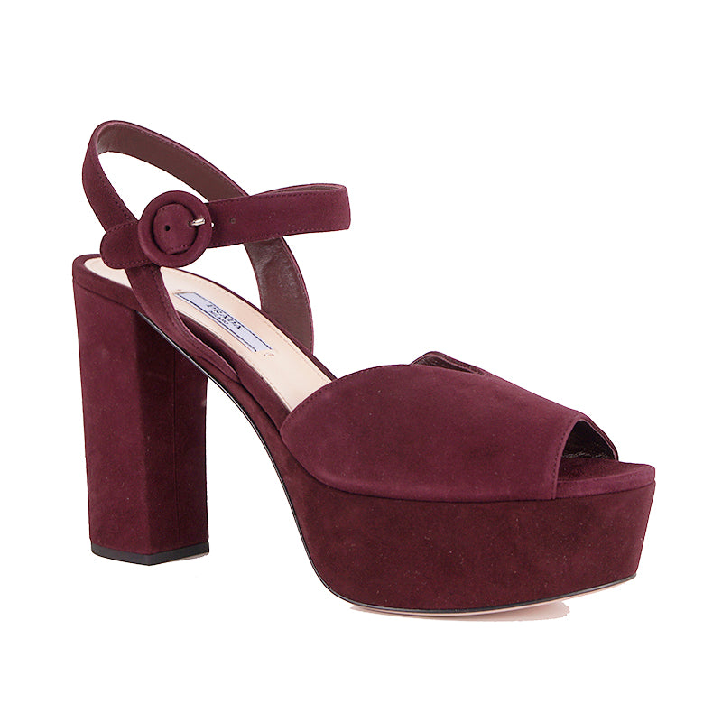 38.5 NEW $850 PRADA Garnet Red Suede Leather Block Chunky Ankle Strap SANDALS