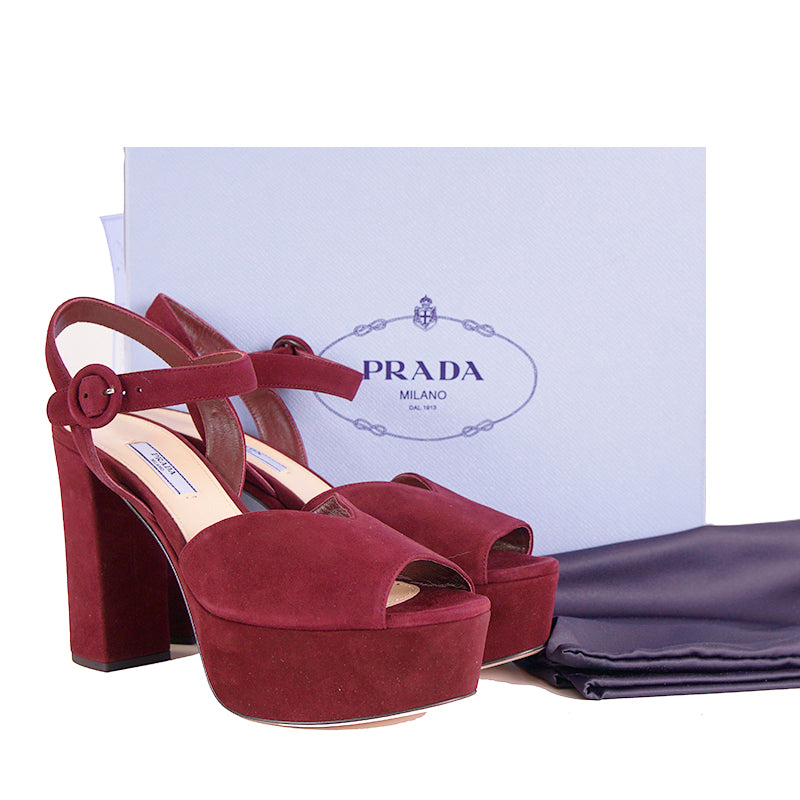 38.5 NEW $850 PRADA Garnet Red Suede Leather Block Chunky Ankle Strap SANDALS