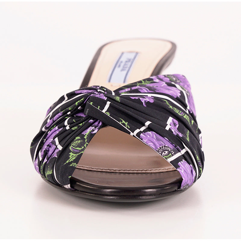 38.5 NEW $750 PRADA Black Cotton Canvas Purple POPPY Floral Print Kitten Heel SANDALSs