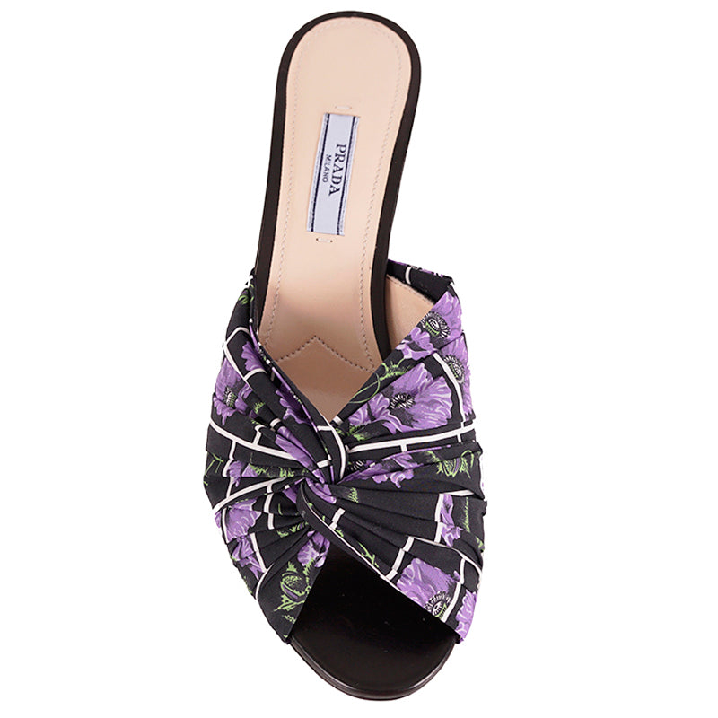 38.5 NEW $750 PRADA Black Cotton Canvas Purple POPPY Floral Print Kitten Heel SANDALSs