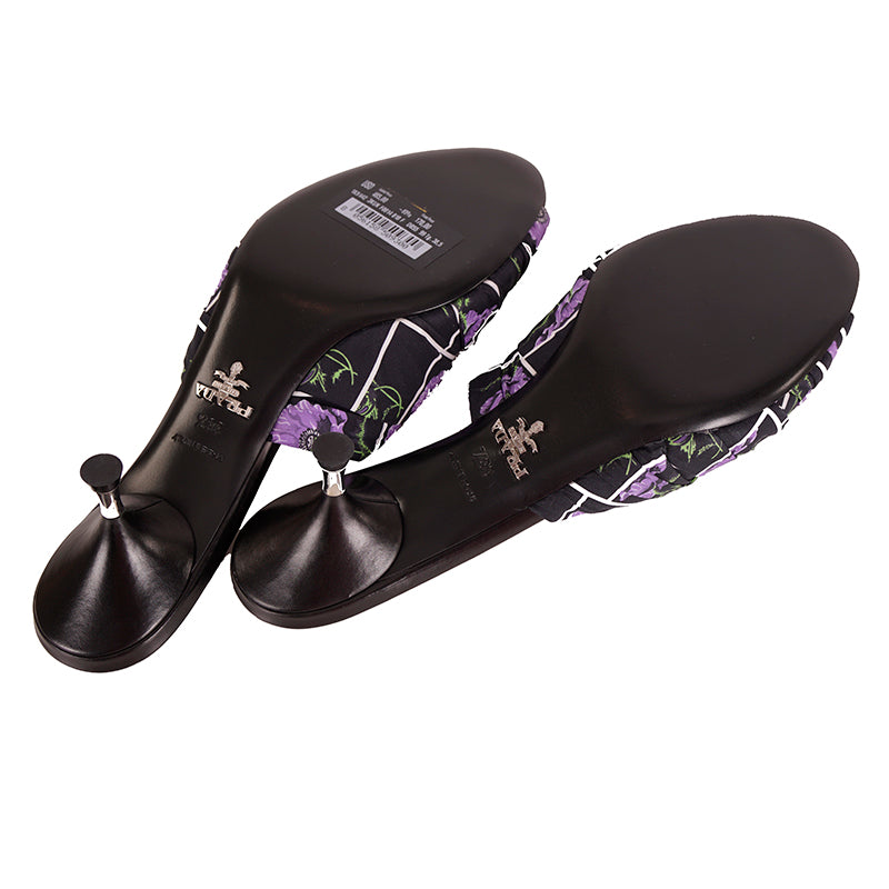 38.5 NEW $750 PRADA Black Cotton Canvas Purple POPPY Floral Print Kitten Heel SANDALSs