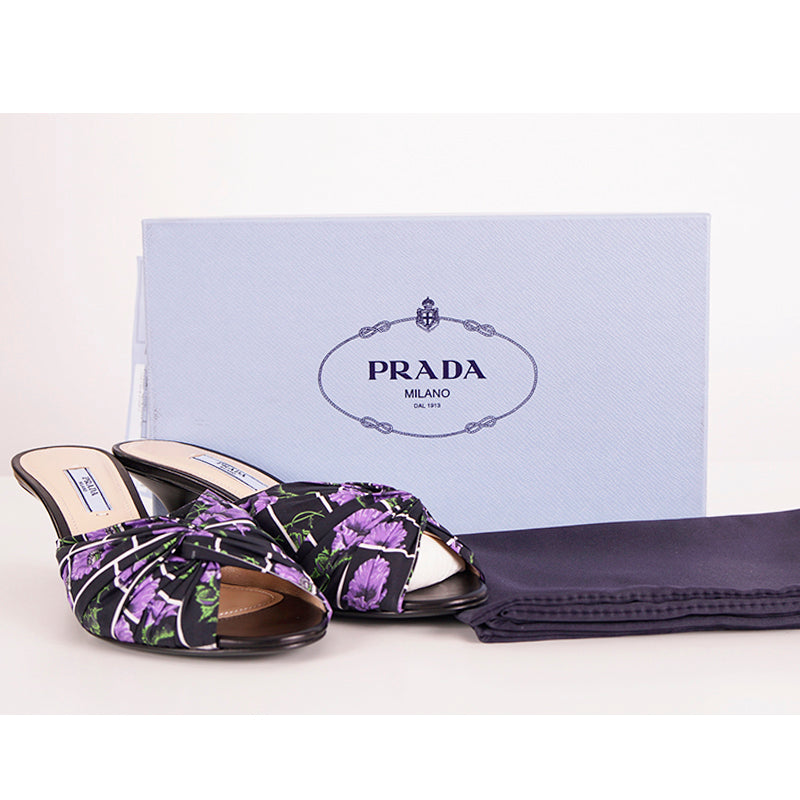 38.5 NEW $750 PRADA Black Cotton Canvas Purple POPPY Floral Print Kitten Heel SANDALSs