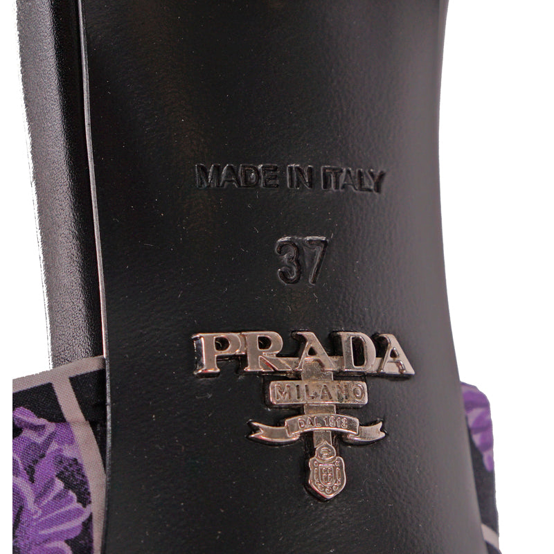 38.5 NEW $750 PRADA Black Cotton Canvas Purple POPPY Floral Print Kitten Heel SANDALSs