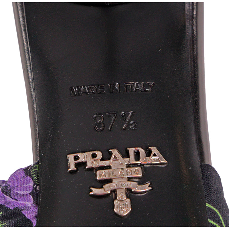 38.5 NEW $750 PRADA Black Cotton Canvas Purple POPPY Floral Print Kitten Heel SANDALSs