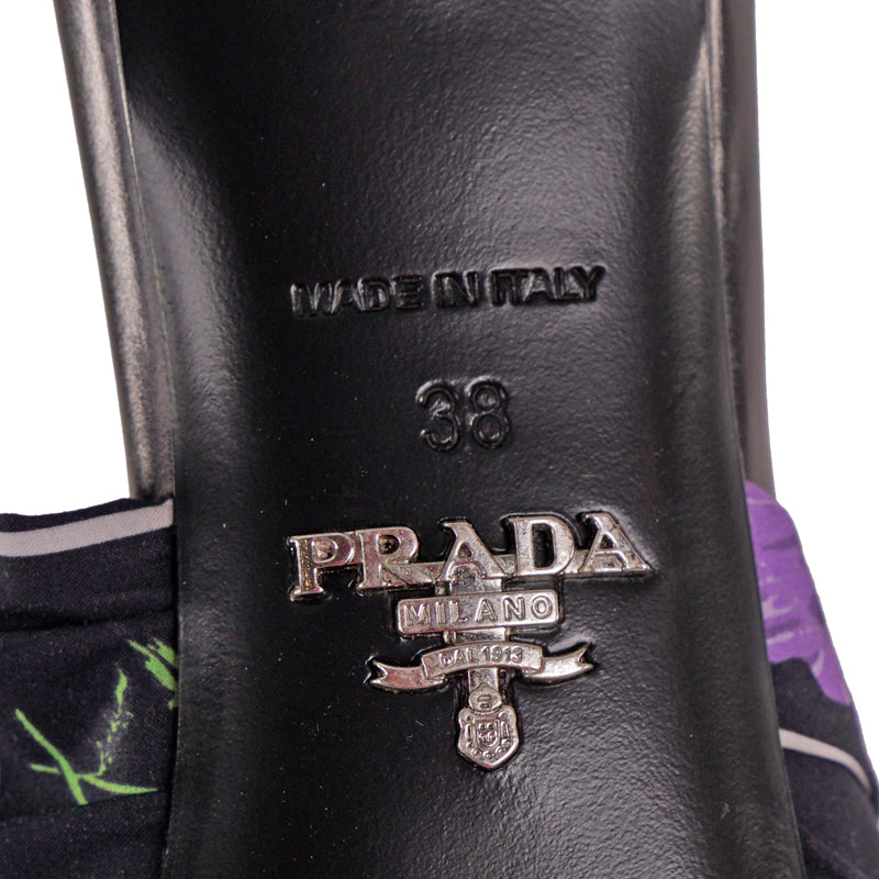 38.5 NEW $750 PRADA Black Cotton Canvas Purple POPPY Floral Print Kitten Heel SANDALSs