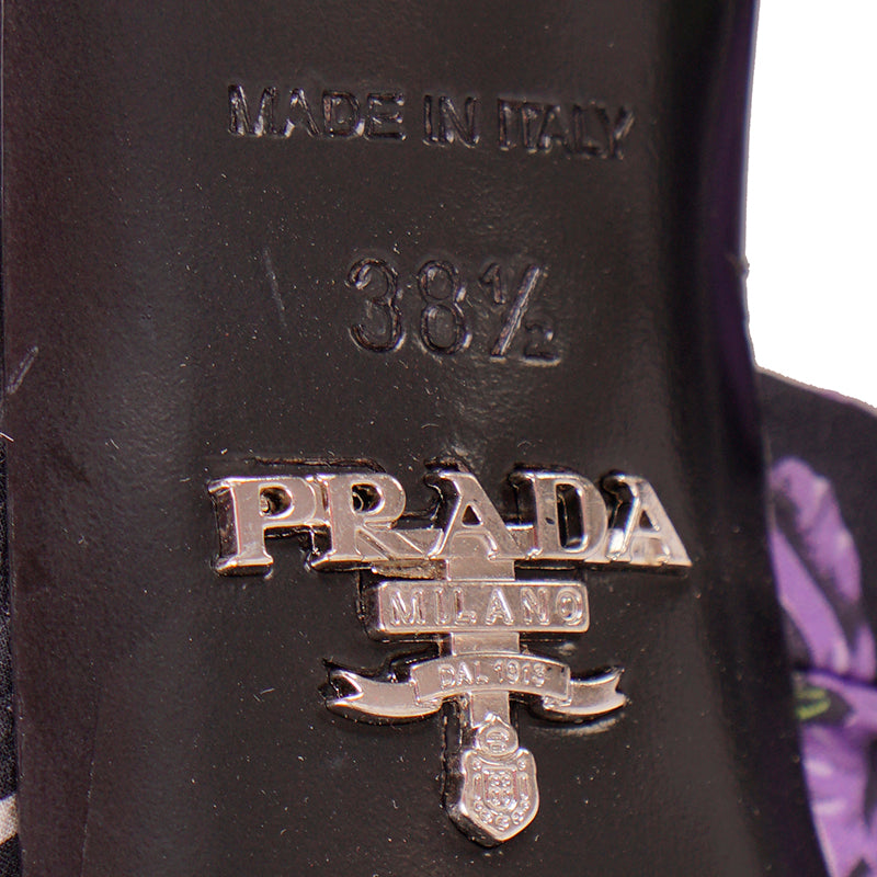 38.5 NEW $750 PRADA Black Cotton Canvas Purple POPPY Floral Print Kitten Heel SANDALSs