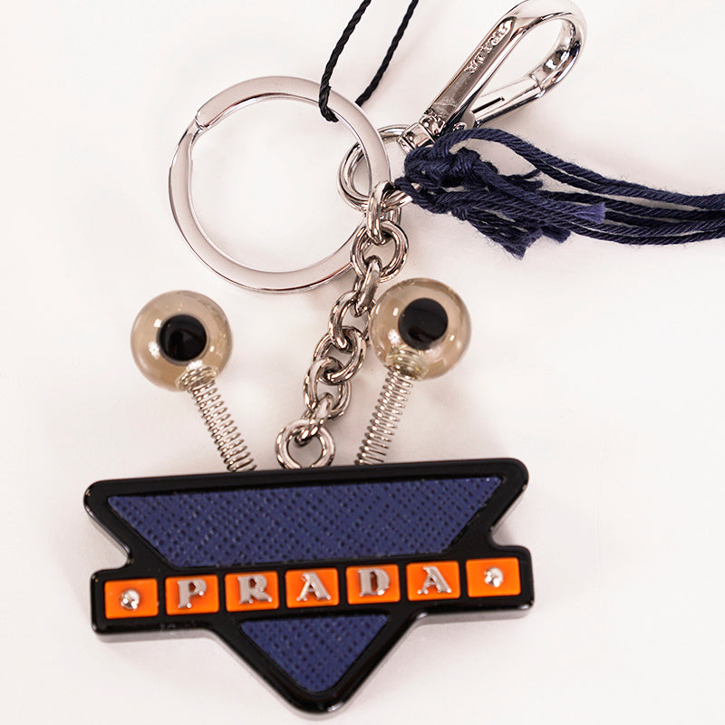 NEW $495 PRADA Blue Saffiano ROBOT GOOGLY EYE Resin Key Chain Trick BAG CHARM NIB