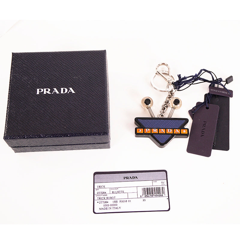 NEW $495 PRADA Blue Saffiano ROBOT GOOGLY EYE Resin Key Chain Trick BAG CHARM NIB