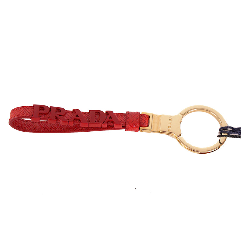 NEW $495 PRADA Fuoco Red SAFFIANO LEATHER Metal Logo Goldtone Bag Trick KEYCHAIN