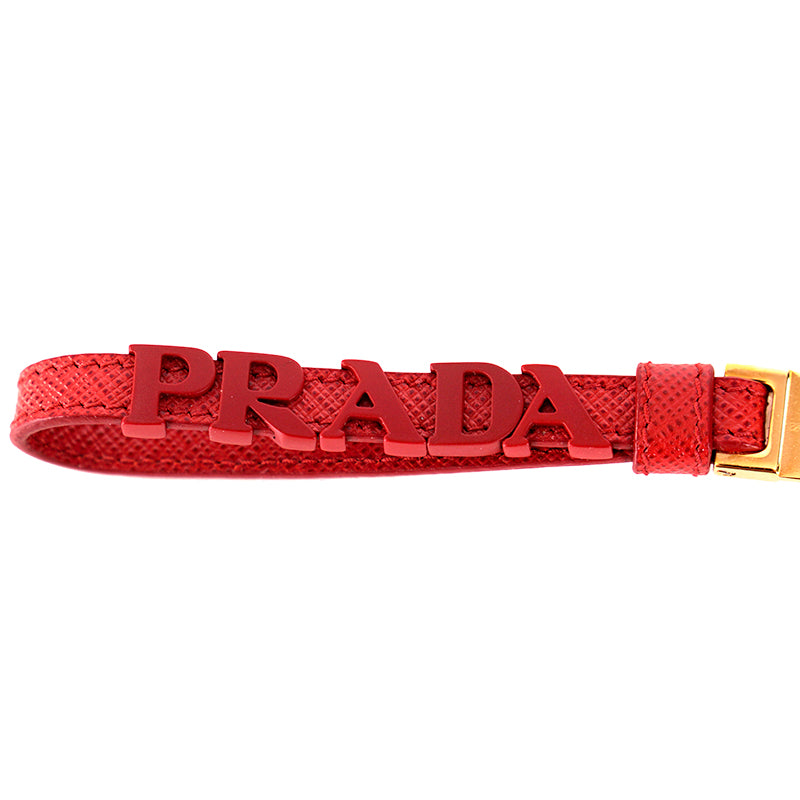 NEW $495 PRADA Fuoco Red SAFFIANO LEATHER Metal Logo Goldtone Bag Trick KEYCHAIN