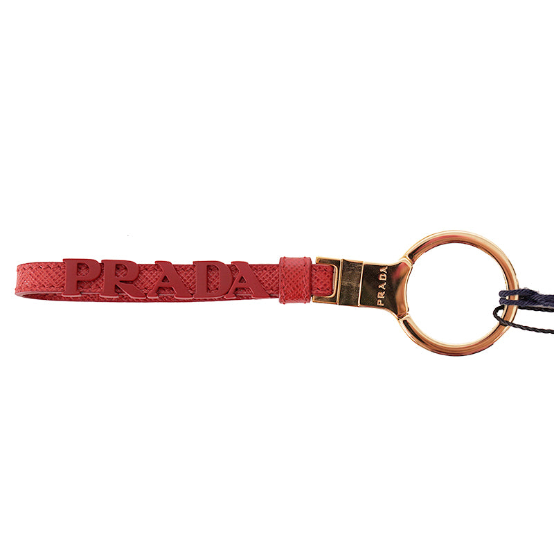 NEW $495 PRADA Fuoco Red SAFFIANO LEATHER Metal Logo Goldtone Bag Trick KEYCHAIN