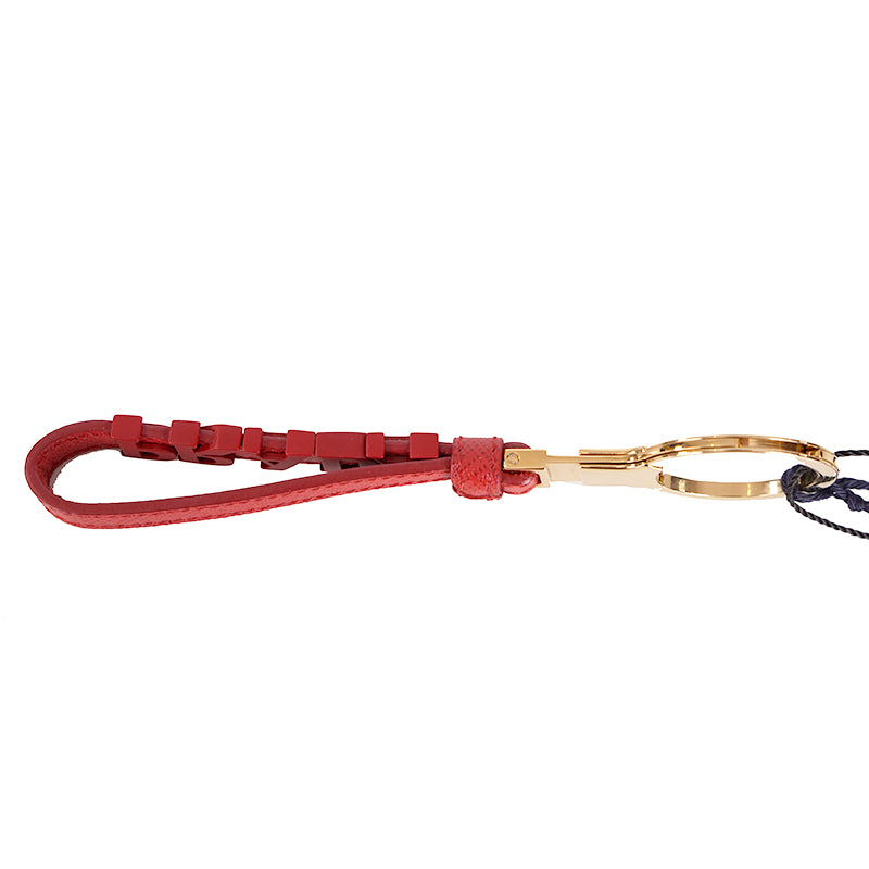 NEW $495 PRADA Fuoco Red SAFFIANO LEATHER Metal Logo Goldtone Bag Trick KEYCHAIN